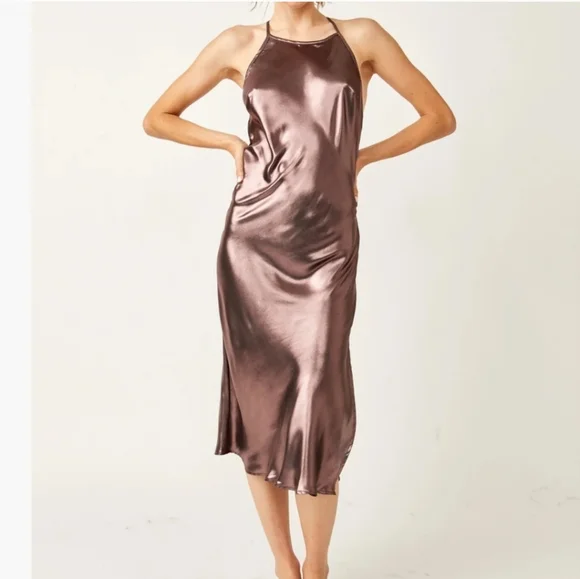 NWT FREE PEOPLE Sunset Shimmer Midi Slip / Black Rose Gold - Picture 2 of 4